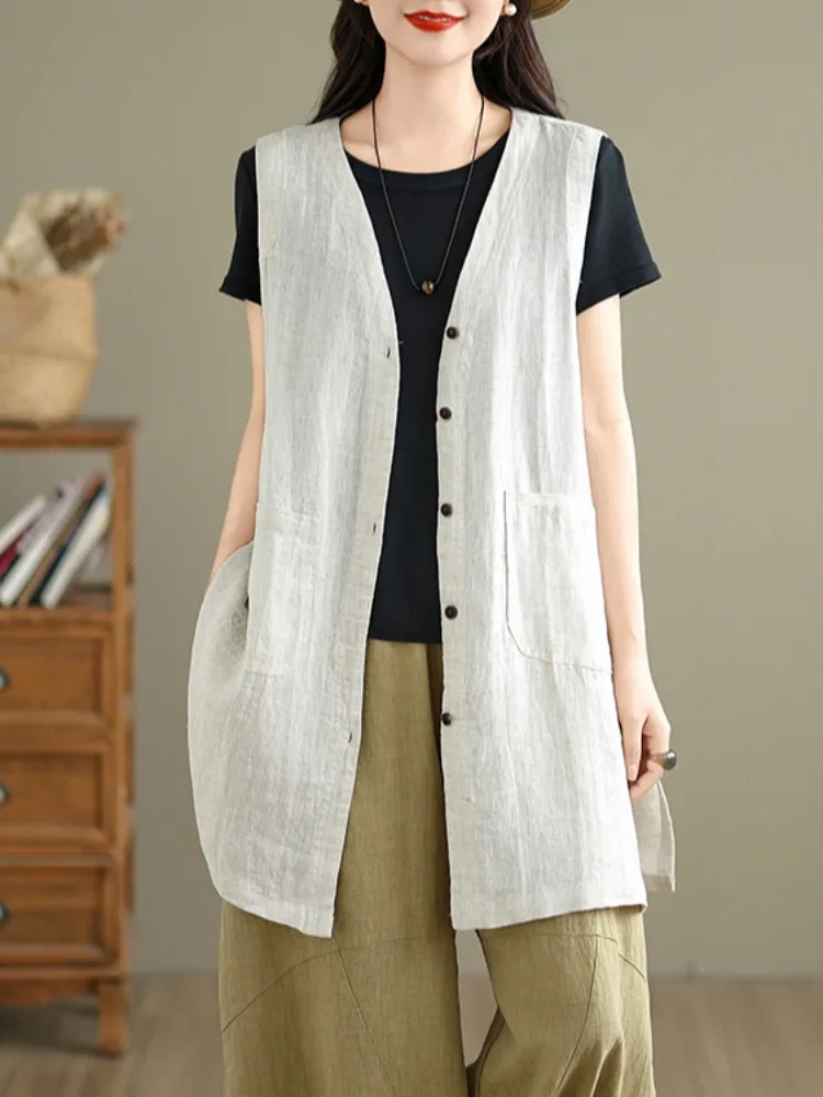 

Lightweight Breathable Cotton Linen Vest Women's Summer Casual V-ne Mid-length Svel Top Thin Fabric Pure Color