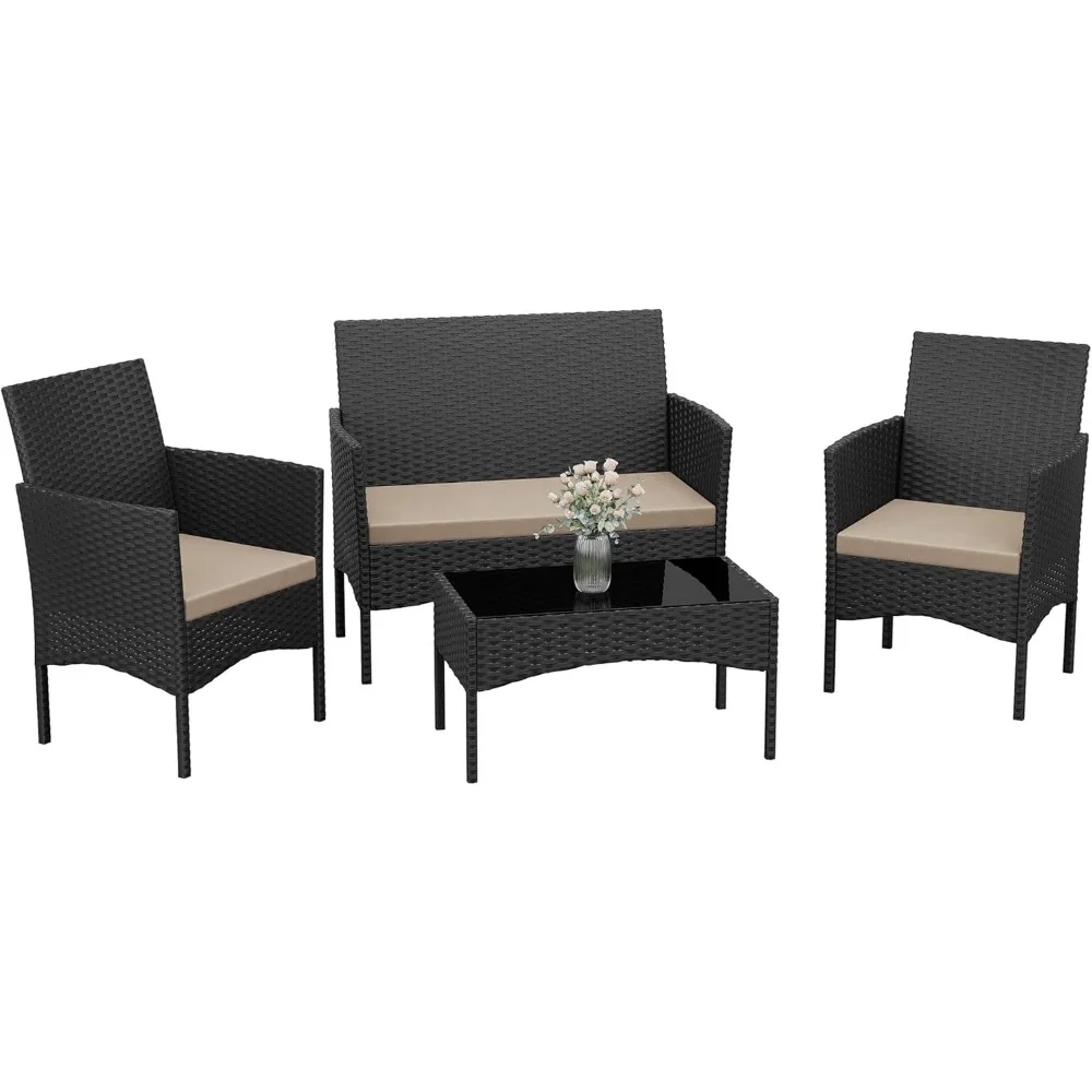 

Patio Furniture Set 4 Pieces Outdoor Wicker Rattan Chairs Conversation Sets w/Coffee Table, Rocking Bistro Set, for Patio Backy