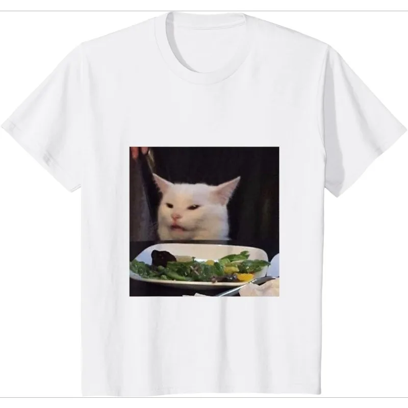 Funny Cat Salad Topo Serious Face Cat Meme Photo Print Design Casual Tee Women Daily Versatile Crew Neck Short Sleeve Casual Tee
