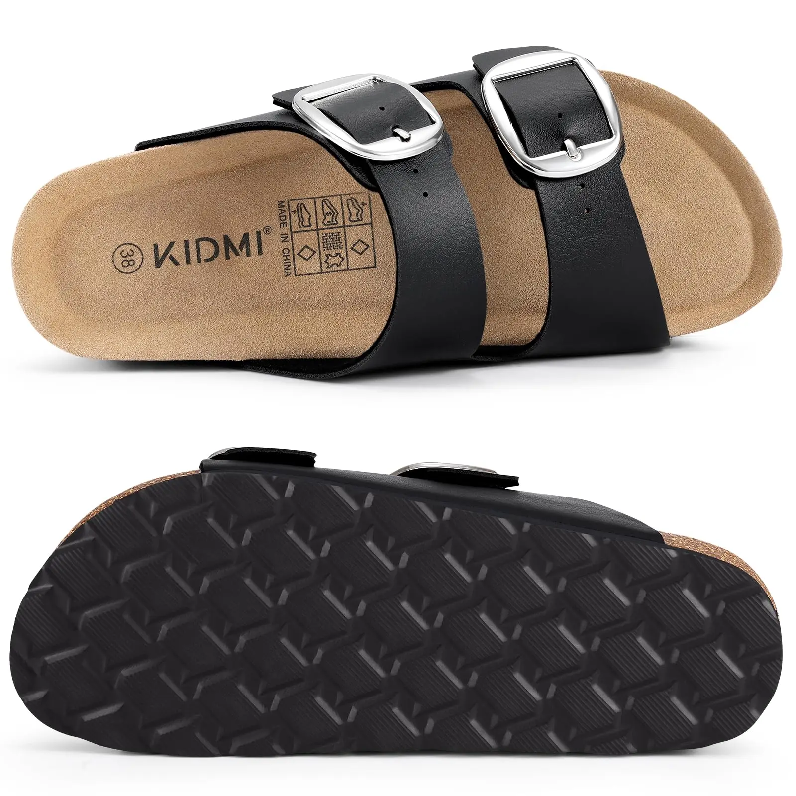Kidmi Women's Flat Sandals, Non-Slip, Cork Footbed, Double Metal Buckle, Adjustable PU Strap, For Outdoor & Casual_voghion.com