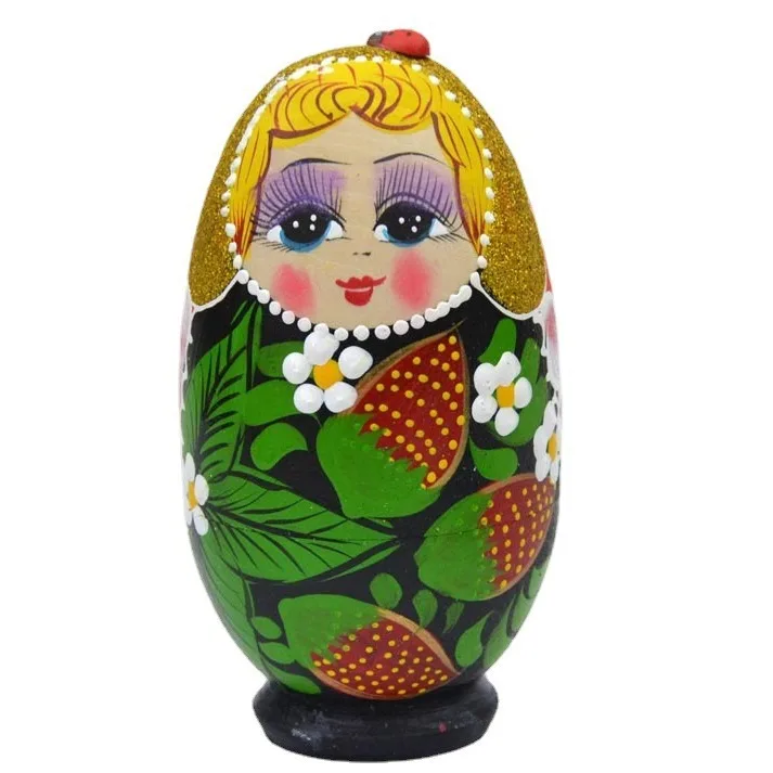 

Matryoshka doll, egg 5 layers, painted doll, flower clothes village woman, multi-color, strawberry pattern, hand painted