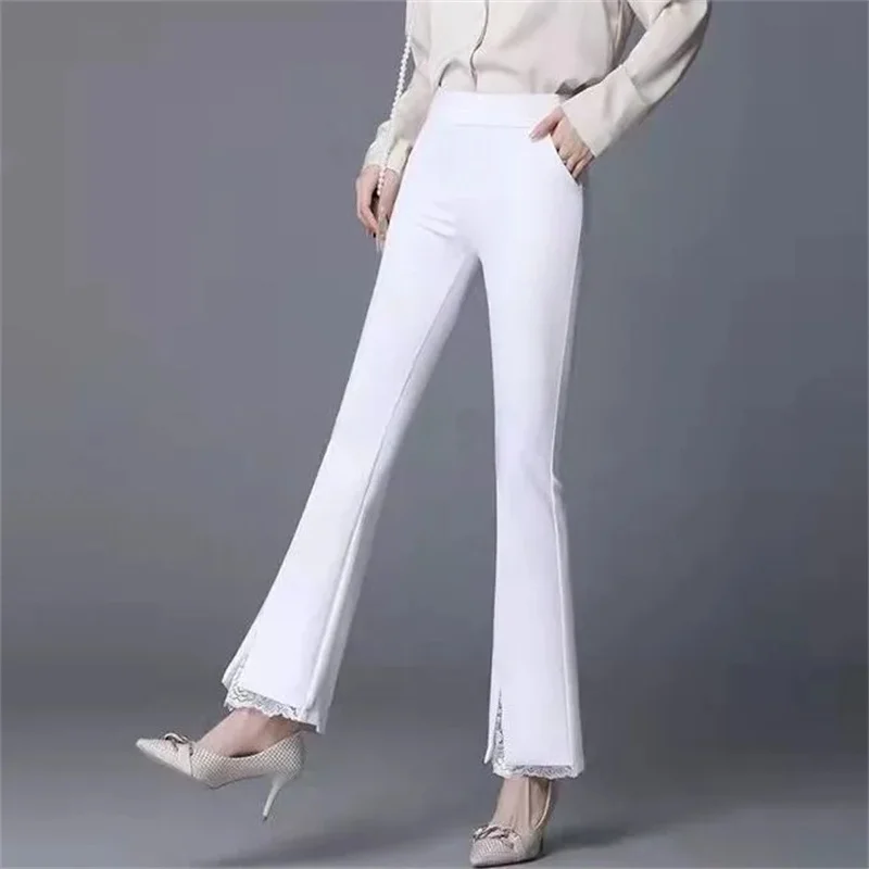 New Office Lady Lace Patchwork White Elastic Waist Casual Pants Summer Solid Women\'s Versatile Micro Flared Pants Women Clothing