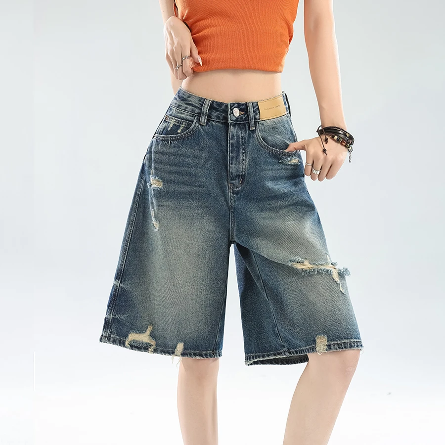 Vintage Distressed Ripped Women Bermuda Denim Shorts High Waist A-Line Loose Straight Slim 2026 Summer Casual Trousers