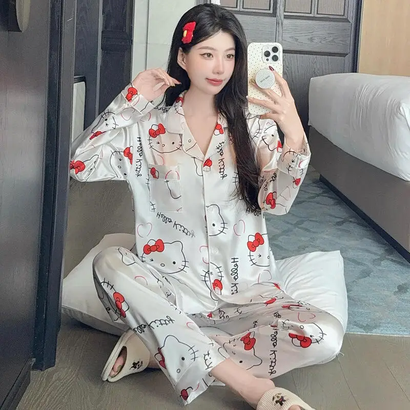 

Hello Kitty Cartoon Light Luxury Ins Style Cute Ice Silk Pajama Set Women Anime Sweet Long Sleeve Long Pants Home Clothes 2Pcs