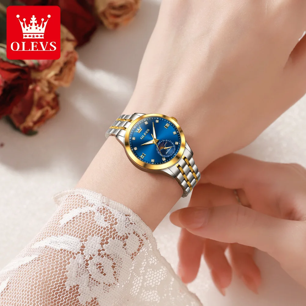 ساعات OLEVS 7041 Moon Phase متعددة الوظائف ميكانيكية للنساء، ساعة أوتوماتيكية أصلية للنساء، ساعة يد أنيقة للسيدات
