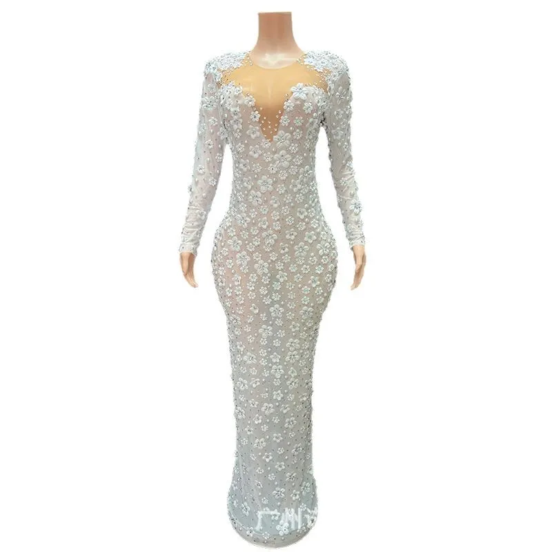 French Elegant Embroidery Flower Temperament Waist Dress Holiday Style Fashion Banquet Host Performance Dress Abiti Da Cerimonia