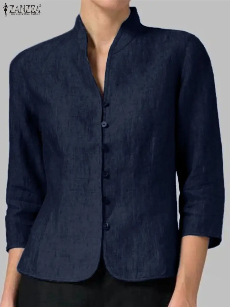 2025 ZANZEA النساء الخريف قمصان جينز 3/4 كم أزرار الخامس الرقبة أنيقة مكتب سيدة البلوزات بلوزات على الموضة الصلبة الإناث Blusas #5
