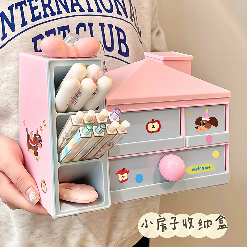 Cute House Shape Desk Organizer with Drawers Slant Insert Pen Holder Stationery Storage Box for Girls School