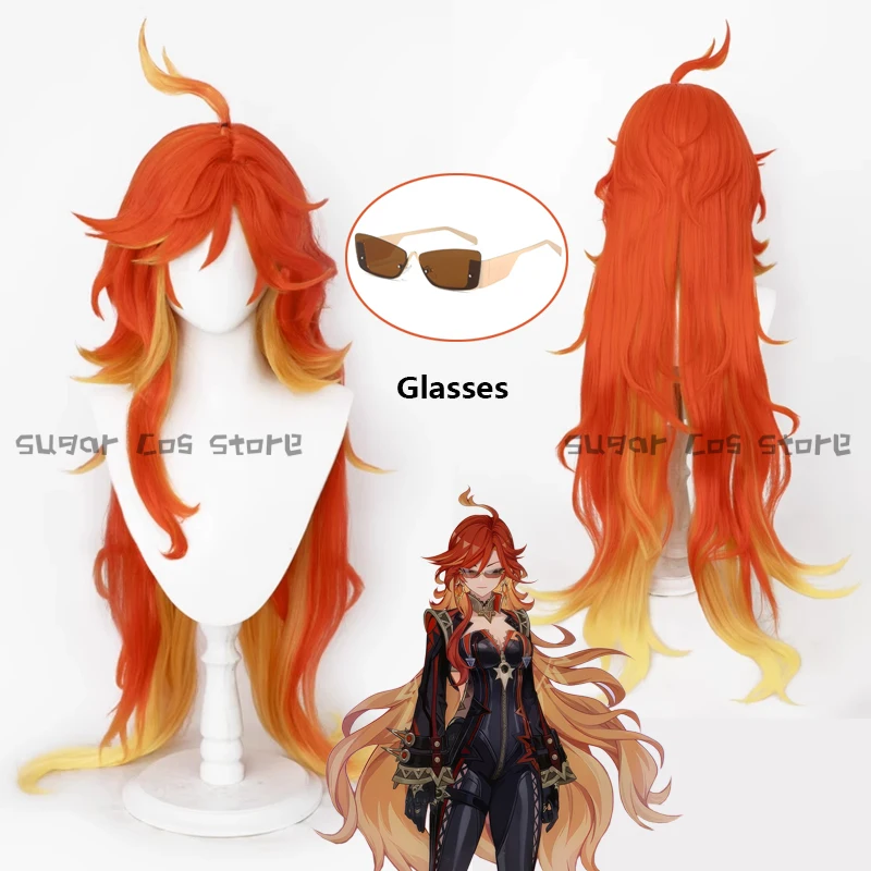 Genshin Impact Mavuika Game Cosplay Wig Orange Yellow Long Hair Sunglasses God Of War Natlan Halloween Party For Women Props