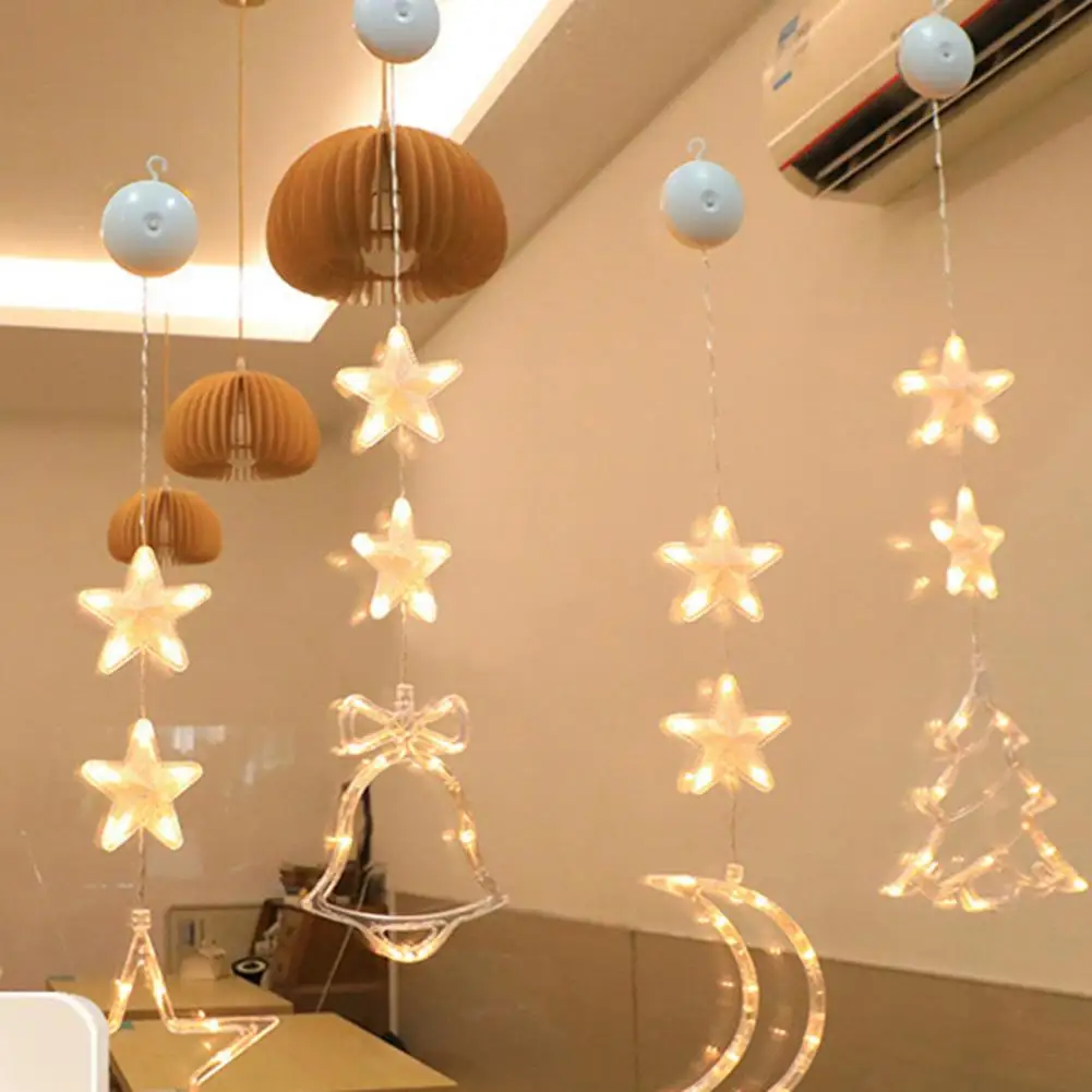 Christmas Garland Light Suction Cup Snowman Moon Star Shape Warm Xmas Decoration Window Lamp Pendant