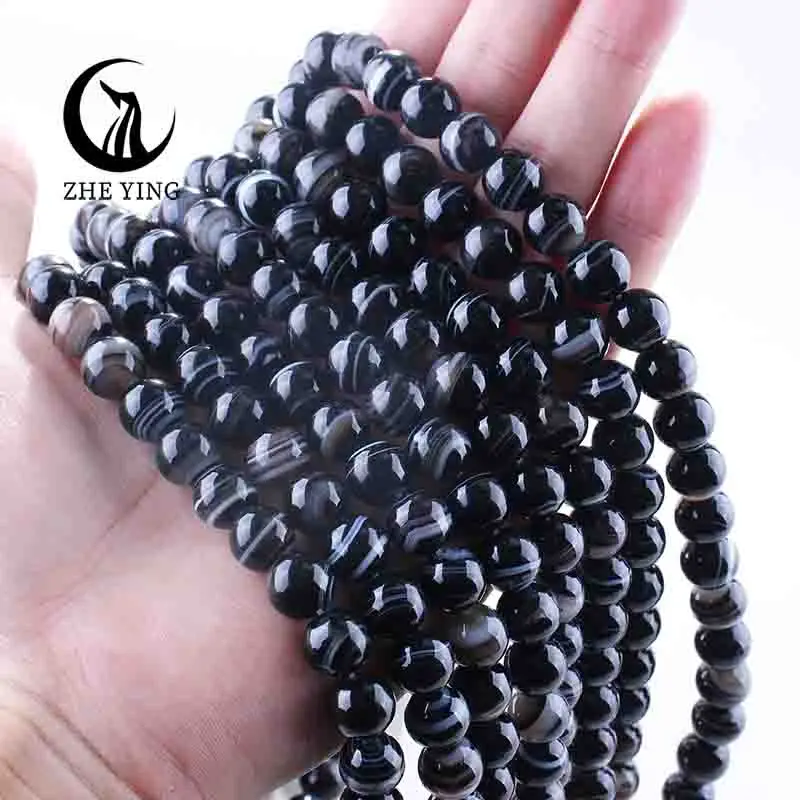 Cuentas de Ágata Sardónica Negra con Rayas de Encaje, Naturales, Sueltas, Redondas y Lisas, de Zhe Ying, para la Fabricación de Joyería DIY
