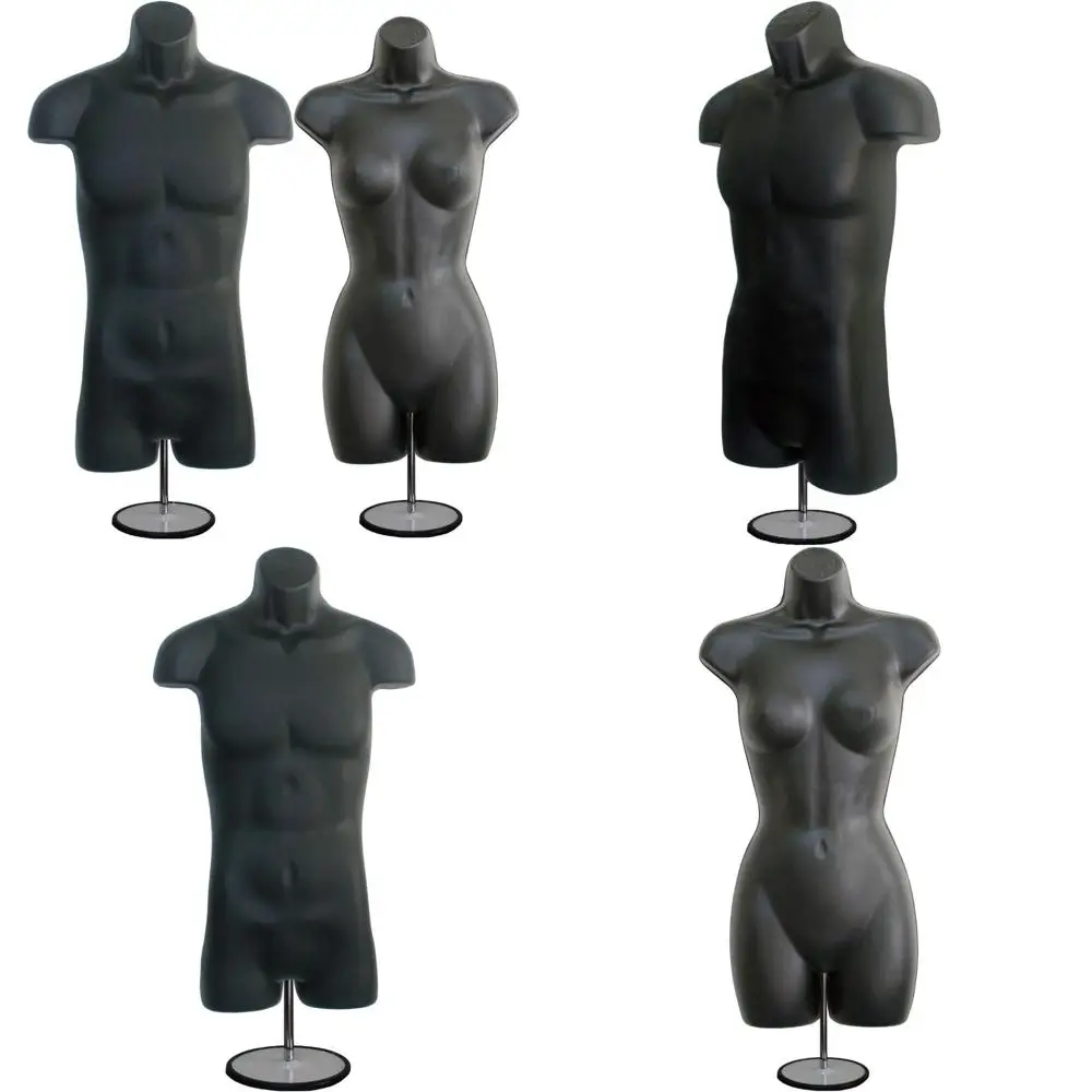 

Black Male Female Dress Forms Mannequin Set with Metal Stand and Hanging Hardware for Hip Long Hollow Back Body Torso Display