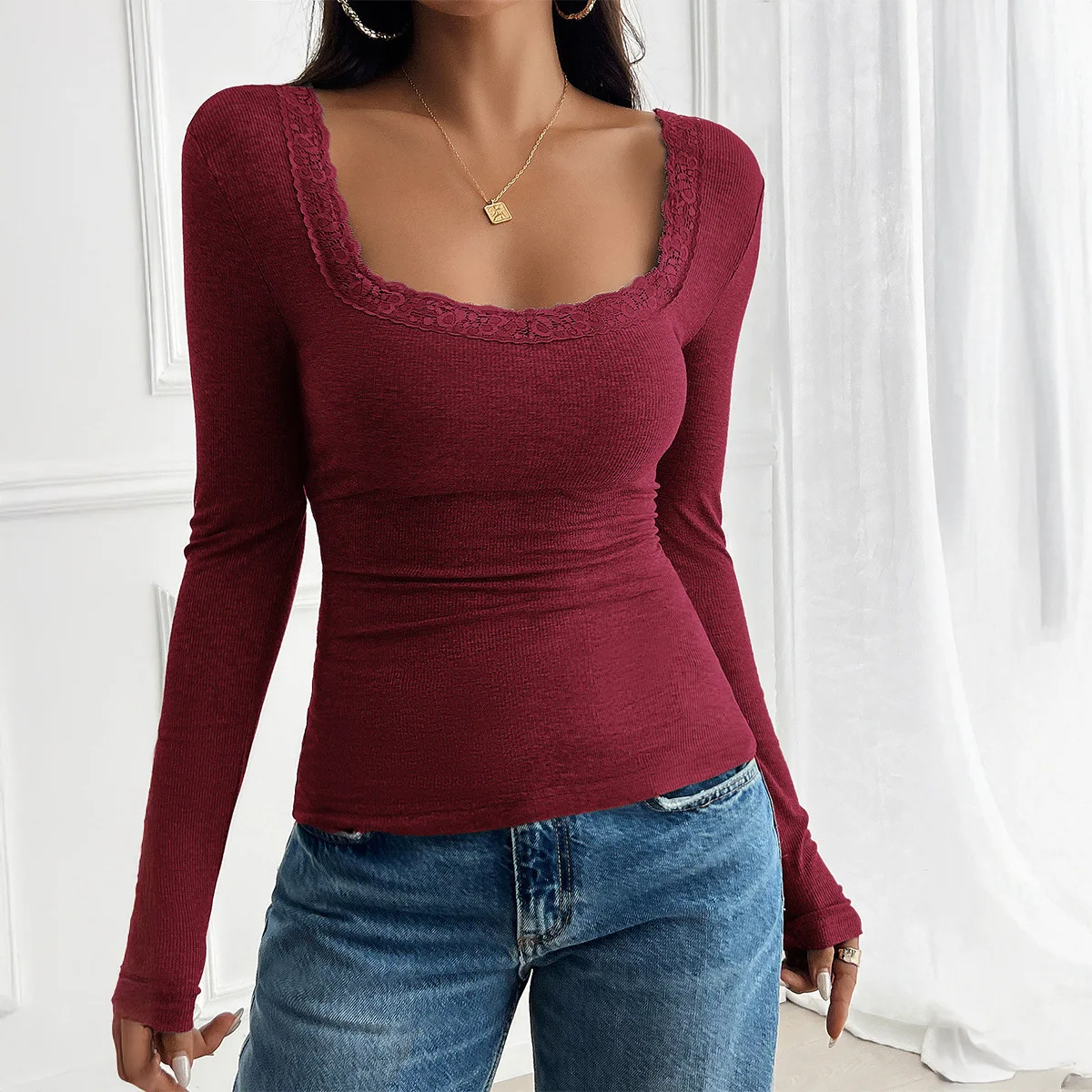 Women's Knit Tops Y2K Square Neck Long Sleeve Slim Fit Evening Dress Elegant Formal Party Wear