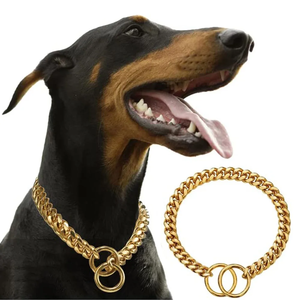 

10MM Stainless Steel Metal Links Chain Dog Collar 18K Gold Cuban Link Chain Heavy & Duty Walking Training Chain Collar for Dogs