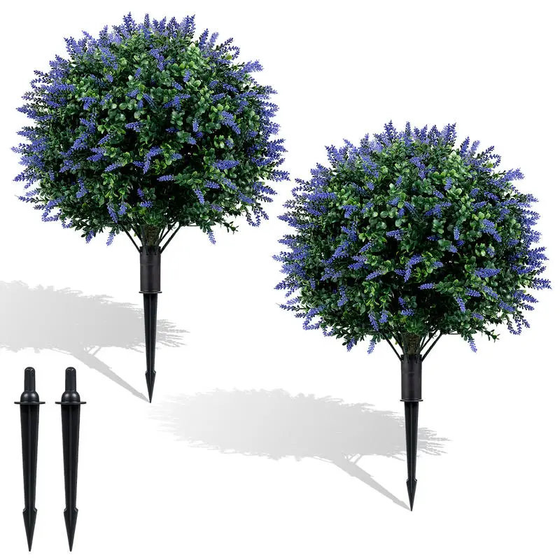 2 Pack Artificial Lavender Boxwood Topiary Ball Trees with Ground Spikes