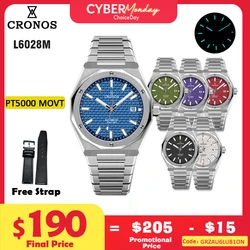 Cronos-Reloj de pulsera automático para hombre, cronógrafo de lujo con correa de cuero de zafiro, 10ATM, transparente, 39mm, PT5000, SW200, L6028M