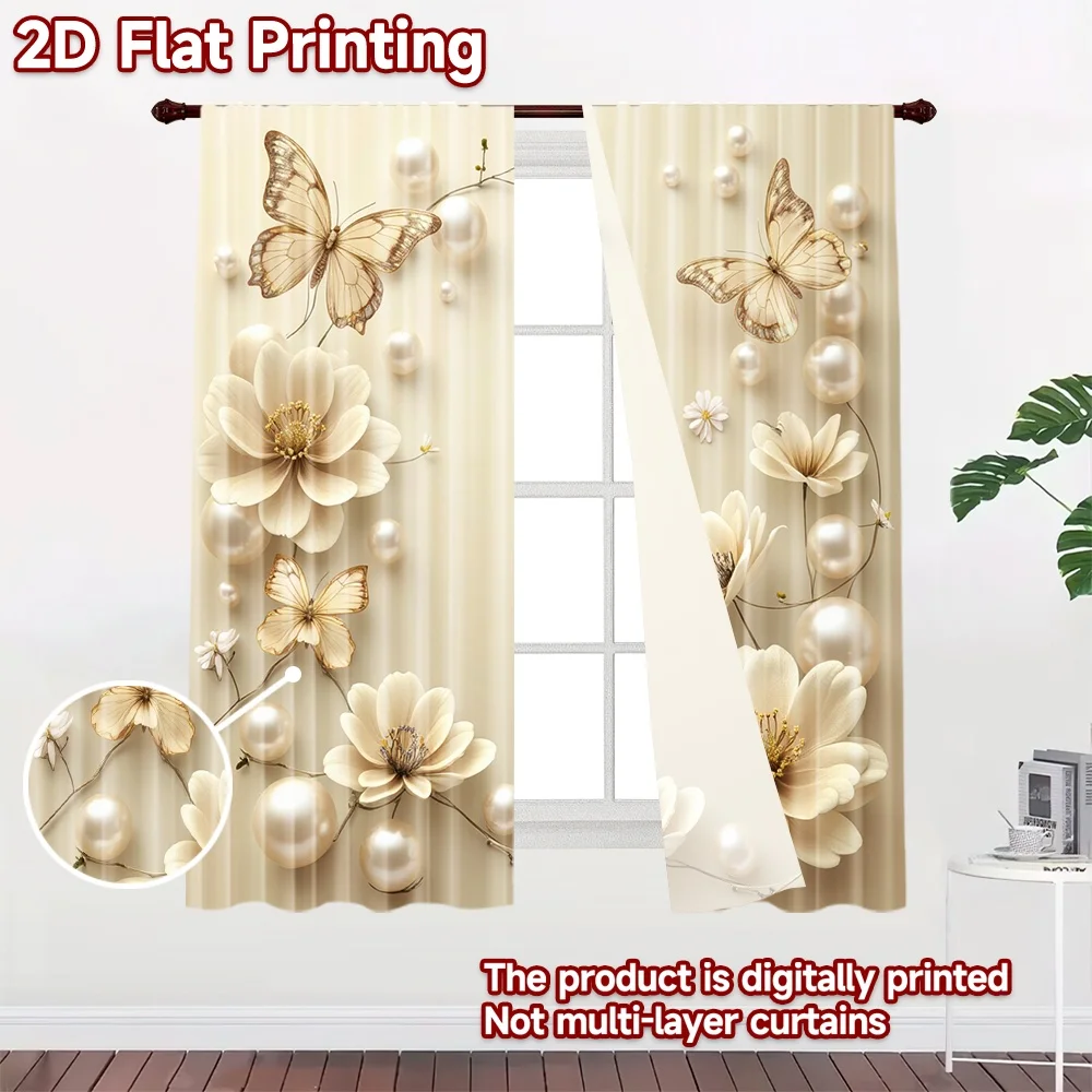 2D flat 2pcs Curtain Home Short Curtains Wedding Pearl Butterfly Flowers Durable polyester fiber Party & Holiday Decor Perfect