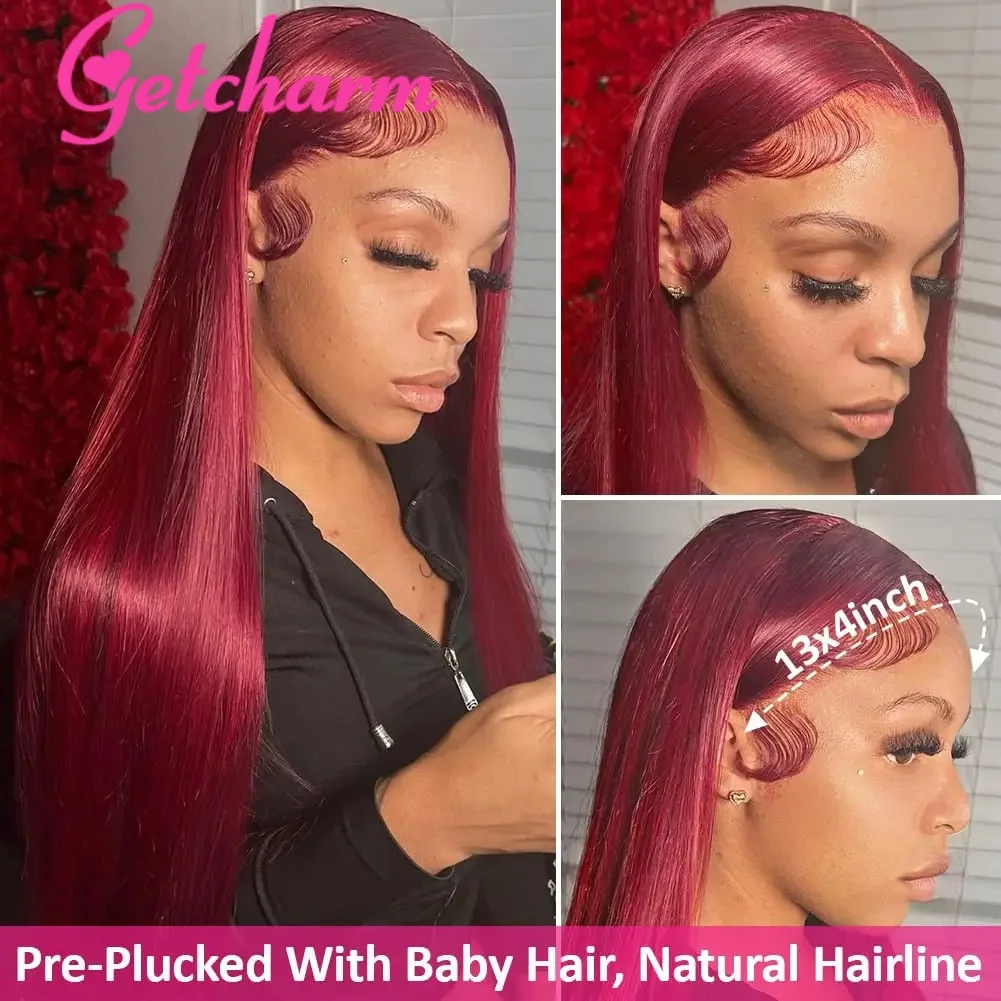 Burgundy 13x4 Straight HD Lace Frontal Wigs Human Hair 180% 99j Red Colored Glueless Lace Front Human Hair Wigs 5x5 Closure Wig