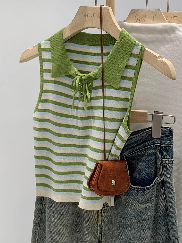 American Retro Polo Collar with Tied Stripes, Sleeveless Vest for Women, with A Sense of Niche Top Fashion