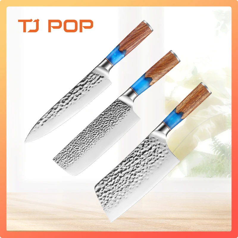 

TJ POP Forged 5Cr15 Stainless Steel Kitchen Knives Sets Blue Resin Color Wood Handle Sharp Japanese Chef Knife Nakiri Cleaver