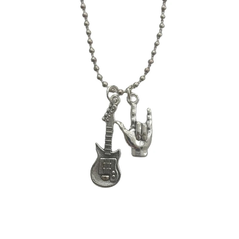 Guitar and I Love You Hand Sign Necklace, Cool Language Charm Pendant, Long Necklace for Man Woman, Music Lover Jewelry