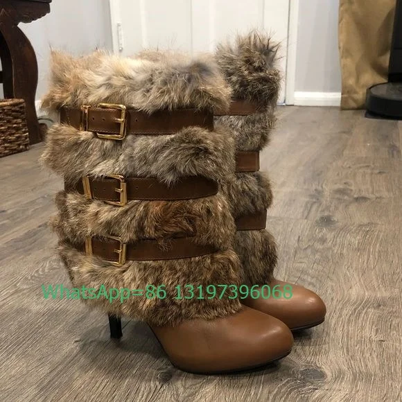 Lady Fur Vintage Brown Warm Winner Knee Boots Fur Buckle Strap Ankle Boots Stiletto Heel Turn-Over Boots Footwear Size 35-46