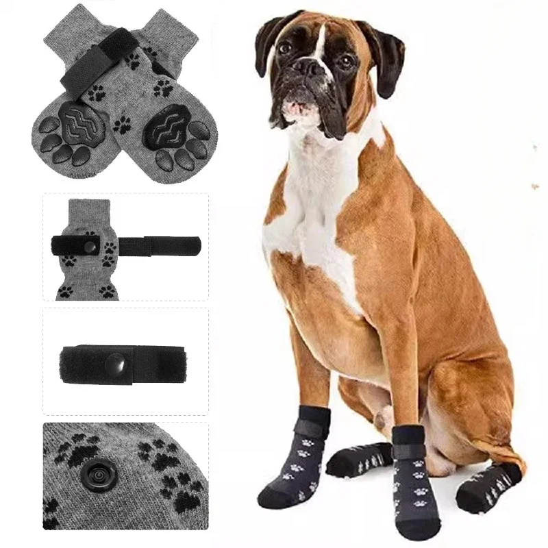 

4pcs Anti-Slip Dog Socks Adjustable Pet Non-Slip Paw Protection with Paw Pattern Puppy Dog Indoor Control Wear on Floor
