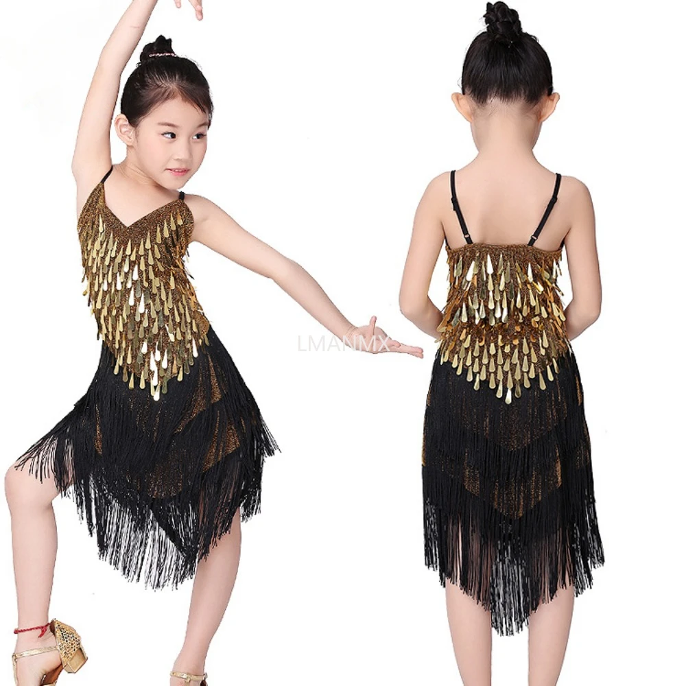 Children's Latin dance fringe dress Competition costume Stage costume Girls' halter sequin dress Festival costume