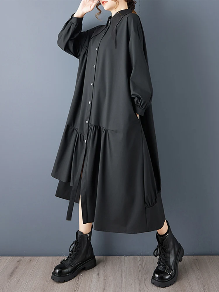 Vestidos Vintage de gran tamaño con retales irregulares para mujer, vestido camisero informal holgado de manga larga, ropa elegante para primavera y otoño 2025