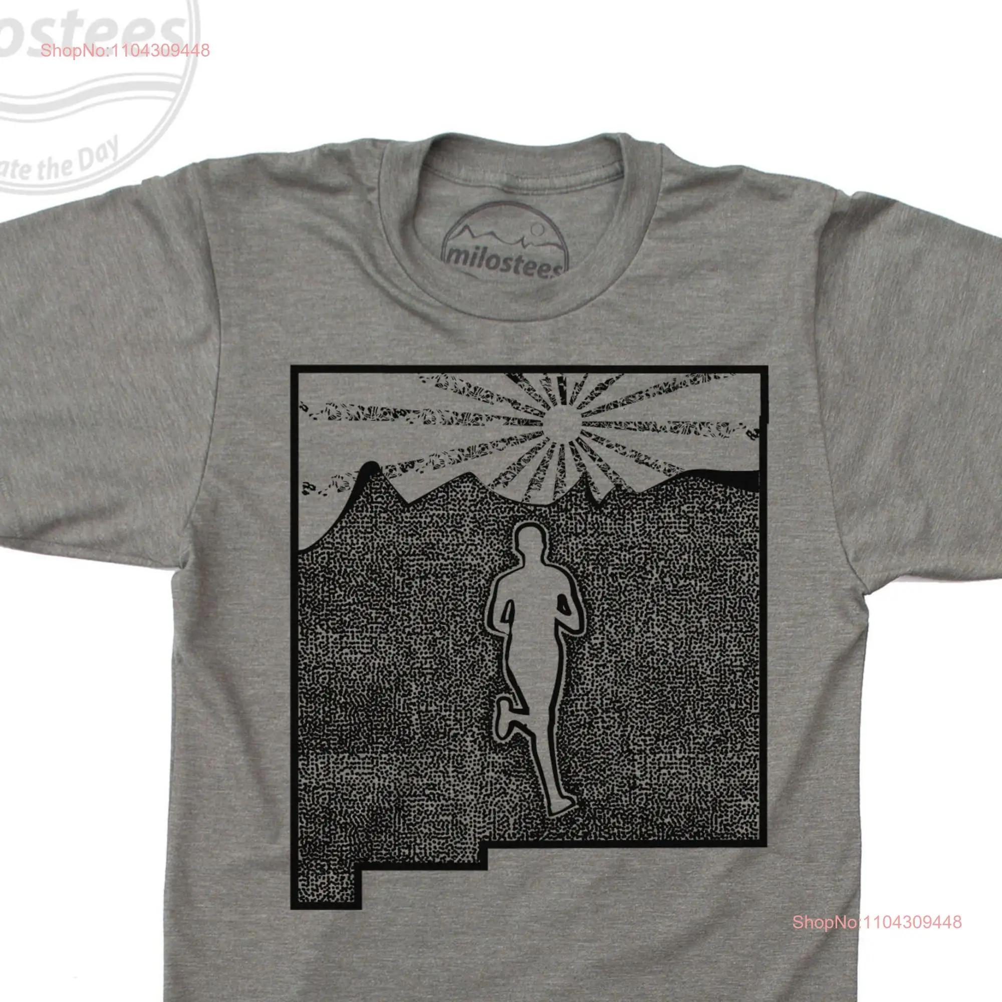 Run New Mexico T Shirt jogger running the land of enchantment with Taos mountains and setting sun in Ruidoso NM lightweight