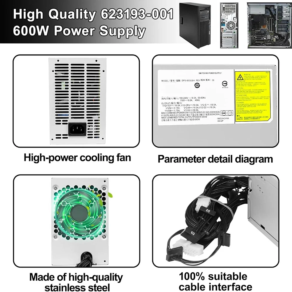

Блок питания DPS-600UB A мощностью 600 Вт для HP Z420 с выходами 12V G1, 12V CPU, 12V N, 11VSB и 12V B