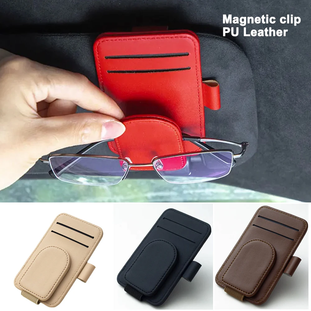Multifunctional Pu Leather Car Sun Visor Glasses Holder Creative Sunshade Sunglasses Storage Case Magnetic Clip Pen Card Holder