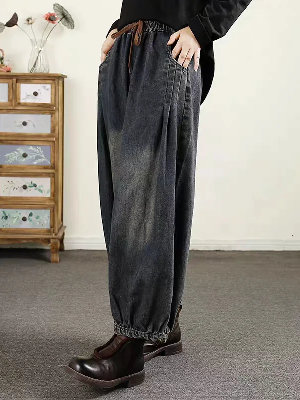 レトロな大きいサイズの色あせたジーンズ女性の秋冬ルーズ弾性ウエスト痩身ランタンパンツ多用途ハイウエストコットンジーンズ