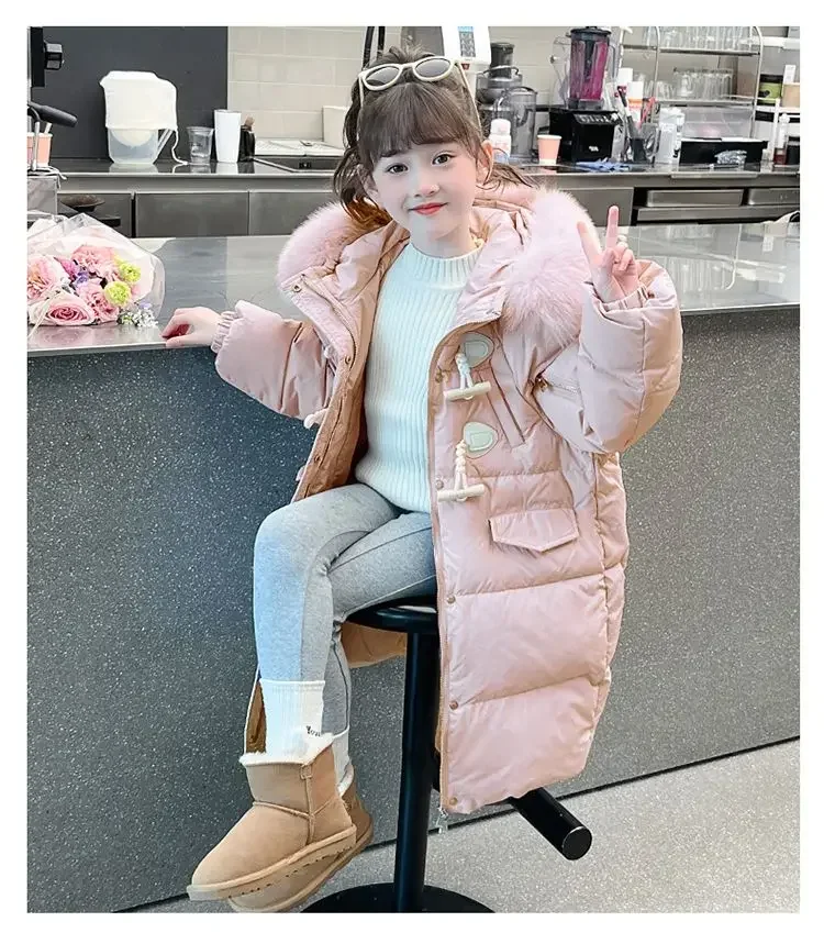 Girls Mid Length Cotton Jacket Winter 2024 New Trendy Baby Cotton Jacket with Large Fur Collar Children Winter Clothing