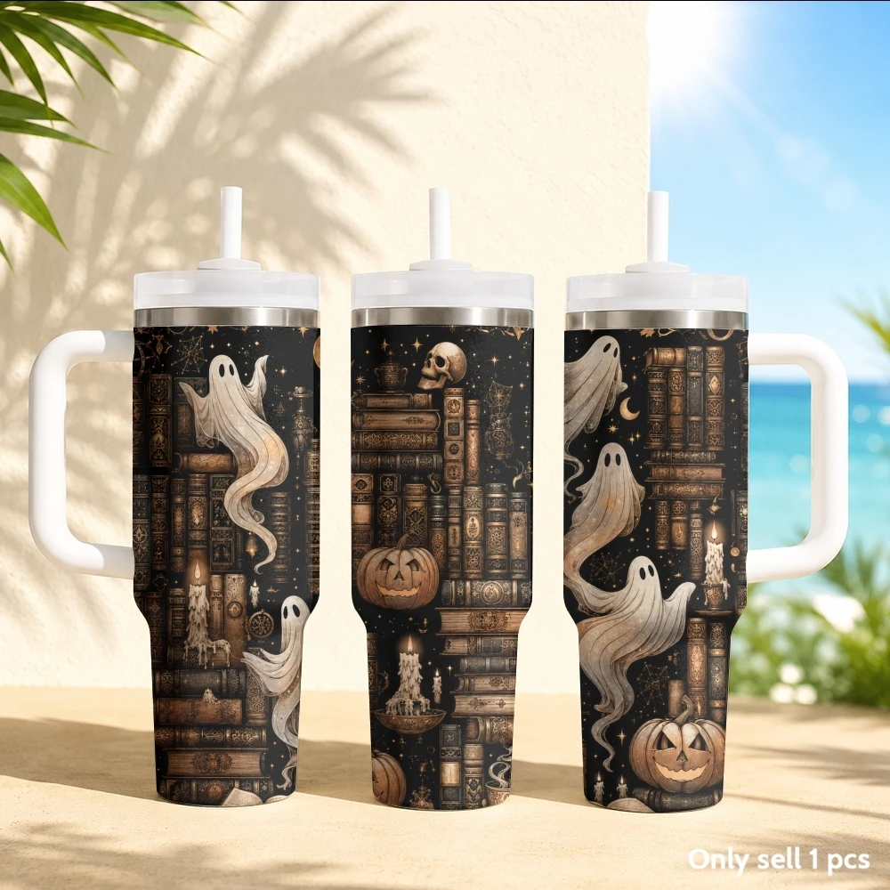 The Halloween Ghost Library Vacuum Flasks 40oz Stainless Steel Insulated Tumbler with Handle & Straw Leakproof Travel Mug