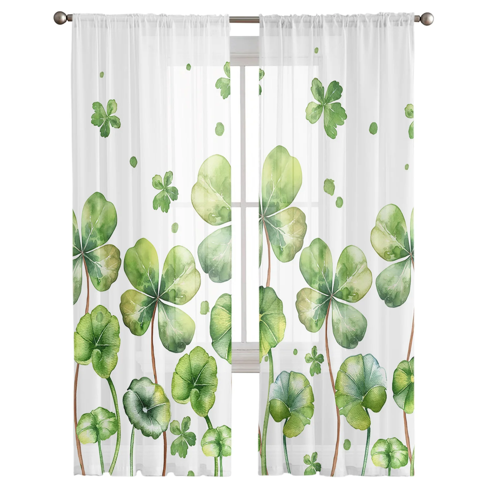 Summer Plants Four Leaf Grass Green Watercolor Sheer Window Curtain Tulle Curtains for Livingroom Home Decor Voile Drapes