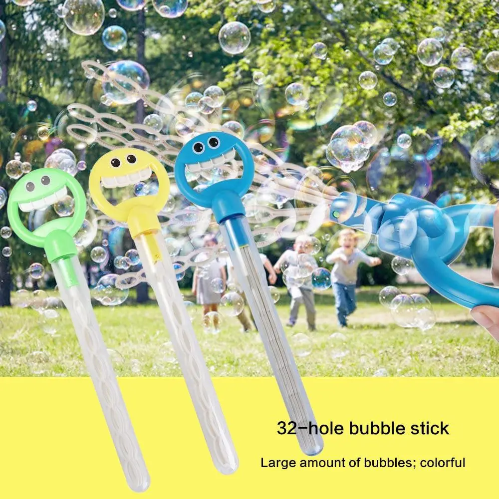 Sorrindo Face Bubble Stick para crianças, Handheld Bubble Wand, Bubble Blower Maker, Atividade ao ar livre, Fun Soap Blowing Tool, 32 buracos