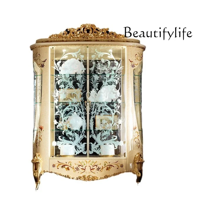 Light luxury European solid wood carving flower double door wine cabinet French living room glass display storage villa home