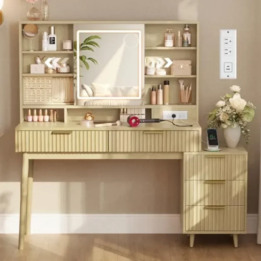 Fluted vanity desk for bedroom use, MDF wood in white finish, with sliding mirror, LED lights, and 5 smooth-gliding drawers