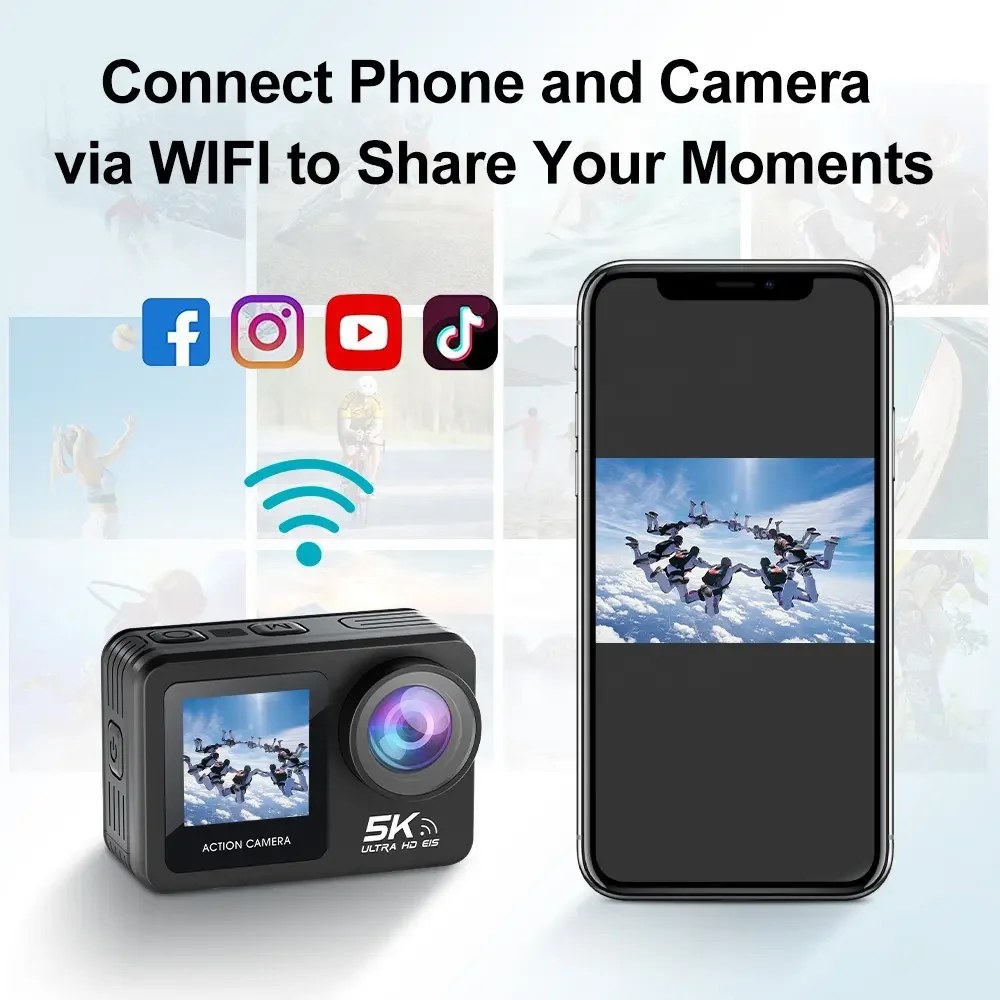 New 5K 60fps EIS WiFi Body Waterproof Action Sports Camera Dual Screen Touch Mini Sport Action DV Recording Function Accessories
