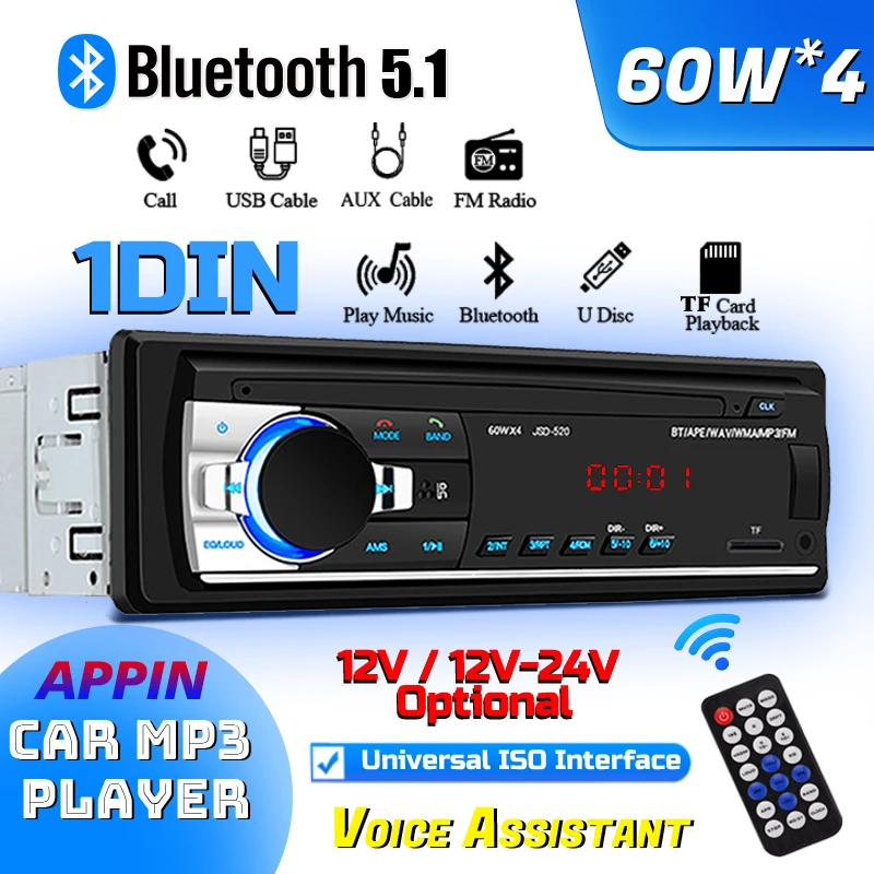 (Factory Direct Sales) Car Mp3 Bluetooth Player LED Stereo 12v/24v Car Truck Usb/Tf/Fm/Aux High Fidelity Audio Radio 60W*4