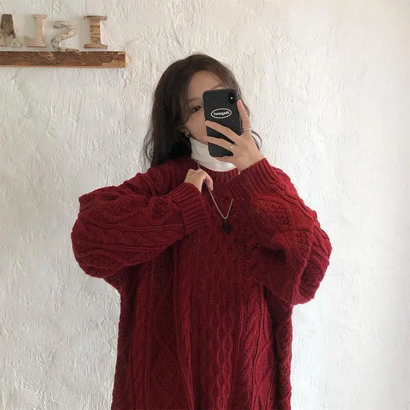 Red Vintage Knitted Sweaters Autumn Winter Pullovers for Women Chic Baggy Students Korean Style Aesthetic College Stylish Basic