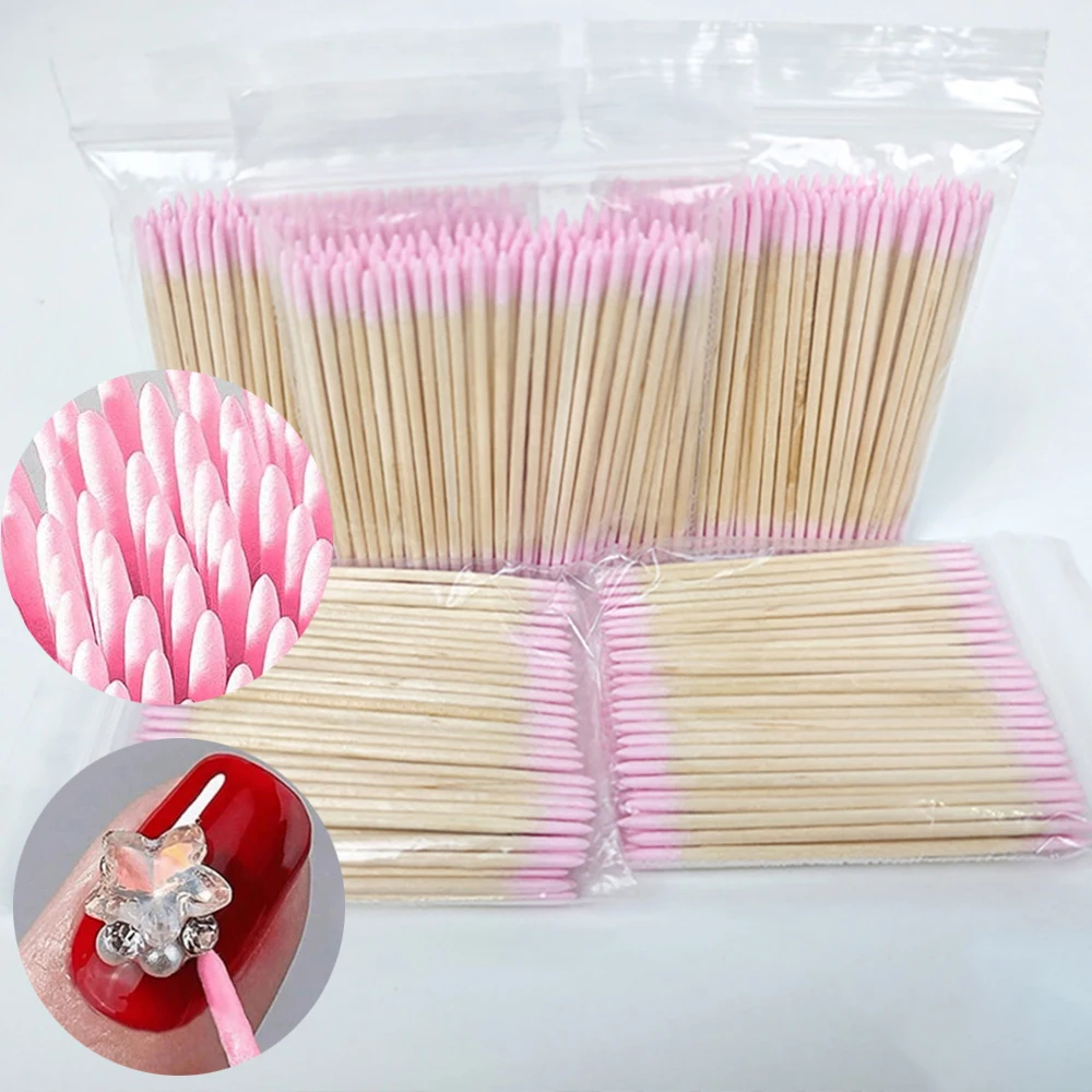 Картина 3: 400 шт. розовые двойные головки для дизайна ногтей, толкатель для удаления кутикулы, 7 см, оранжевые деревянные палочки, ватный тампон, инструмент для очистки ногтей, макияж со стразами