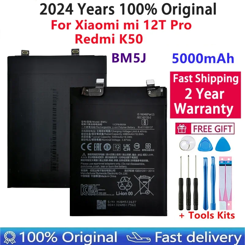 

2024 Years 100% Original Replacement 5000mAh BM5J Battery For Xiaomi Mi 12T Pro Redmi K50 Genuine Phone Batteries Fast Shipping