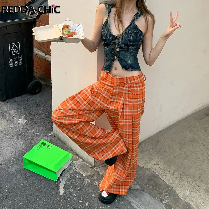 ReddaChic Checkered Pleated Wide Leg Pants Women Holiday Lounge Trousers Plaid Draped High Waist Slacks Summer Vintage Clothes