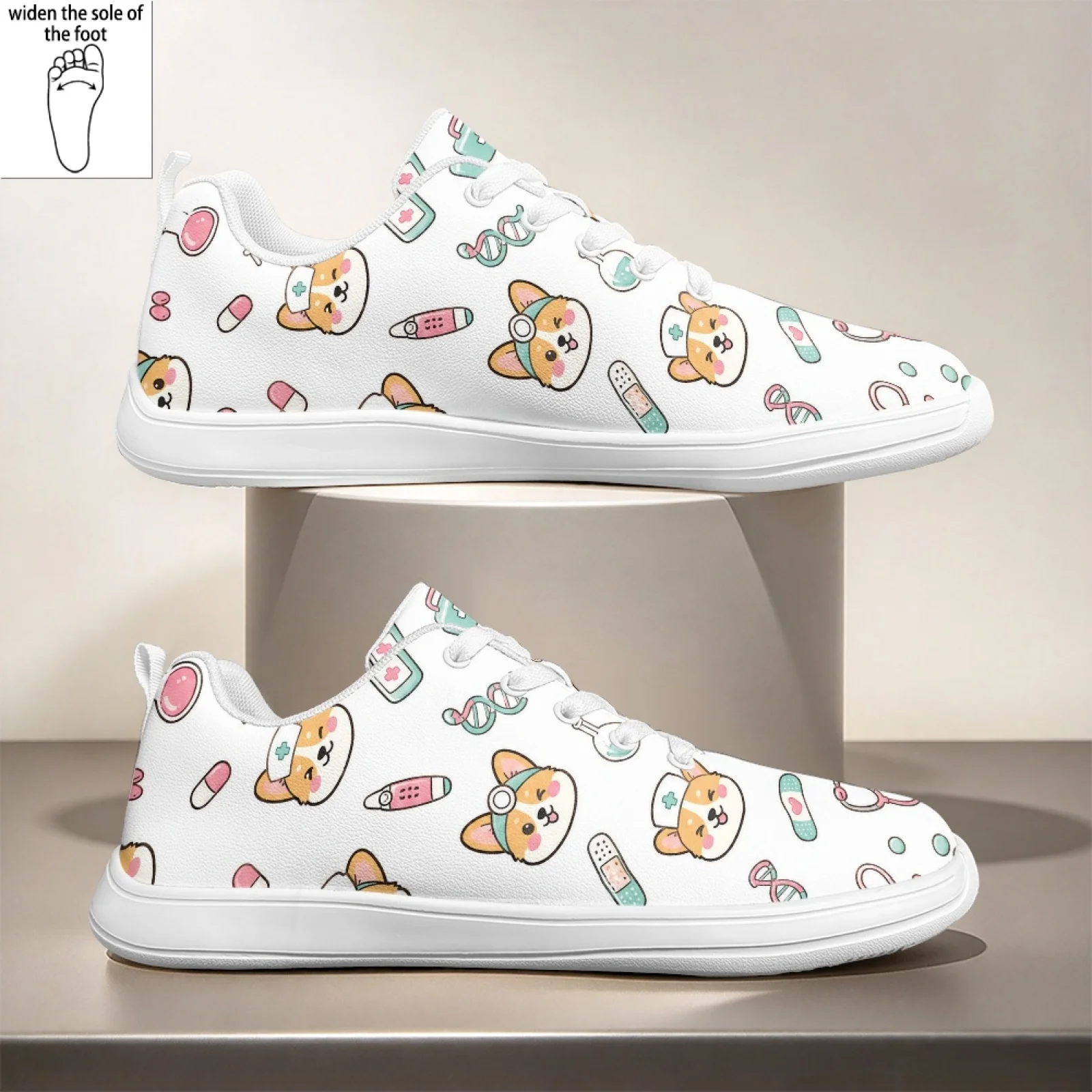 PENSTROLL Nurse Corgi Pattern Slip-Resistant Casual Work Sneakers for Women Standing Hospital Wide Width Nursing Shoes