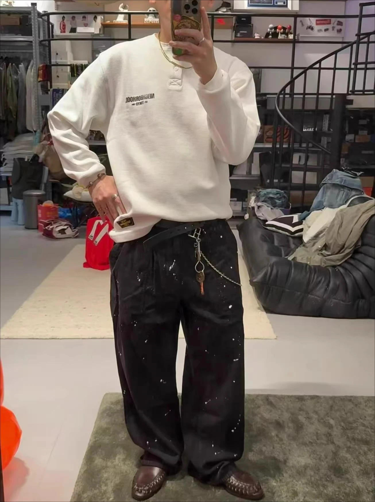 

Свитшот с длинными рукавами и воротником-хенли из вафельной ткани NBHD × PL, свободный крой, в японском стиле, ко-брендированный, повседневный топ