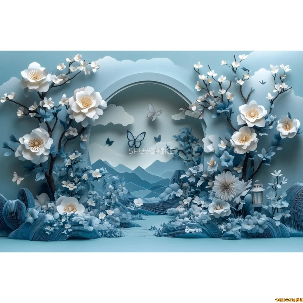 Blaue Blumen Schmetterling Blumen Bogen Hochzeit Fotografie Hintergrund Kinder Geburtstag Party Braut Mutterschaft Porträt Foto Hintergrund