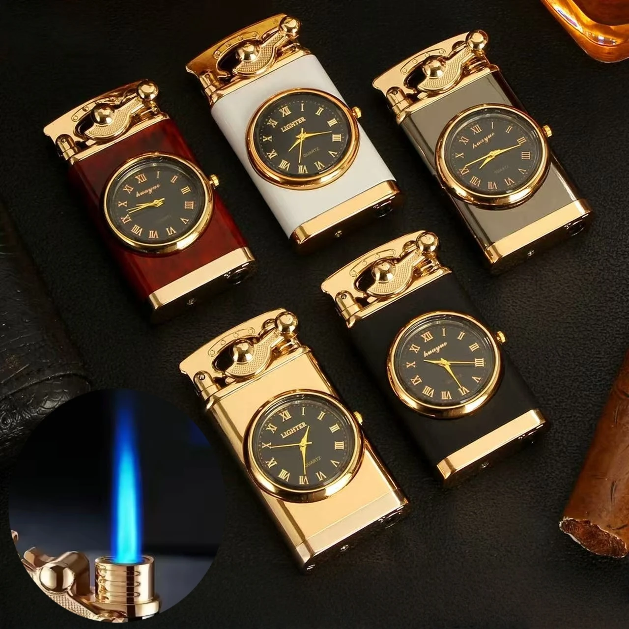 

Metal Watch Arm Inflatable Lighter Windproof Outdoor Jet Double Tube Cigar Portable Lighter Men's Cigarette Accessories Gift