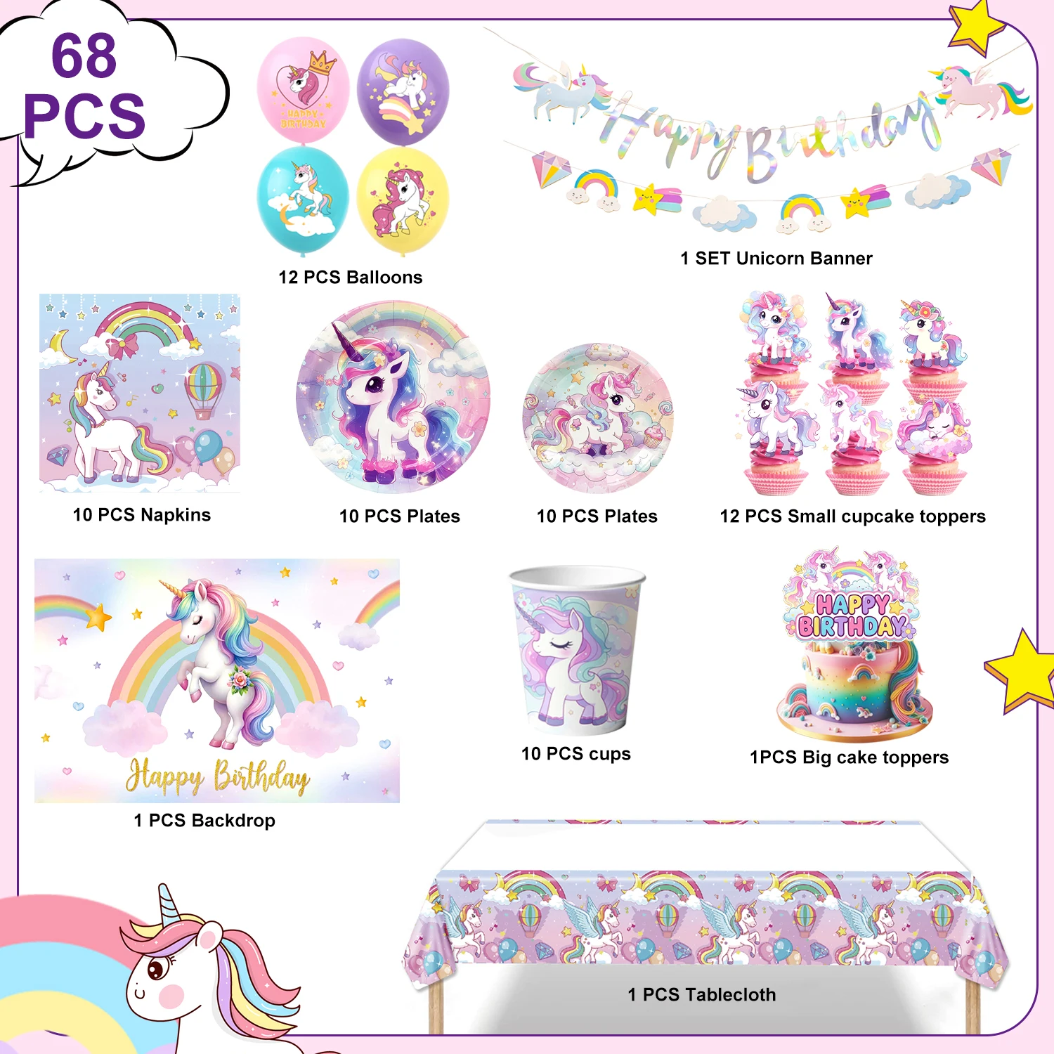 98 Pcs Rainbow Unicorn Party Supplies- Unicorn Plates Napkins Banner Balloons etc Unicorn Birthday Party Decorations Tableware view 6